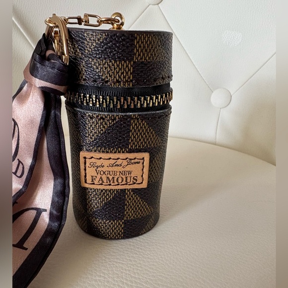 Fashion Print Mini Zip Barrel Purse Keychain Charm Brown Black Mini Scarf Accent - Picture 2 of 8